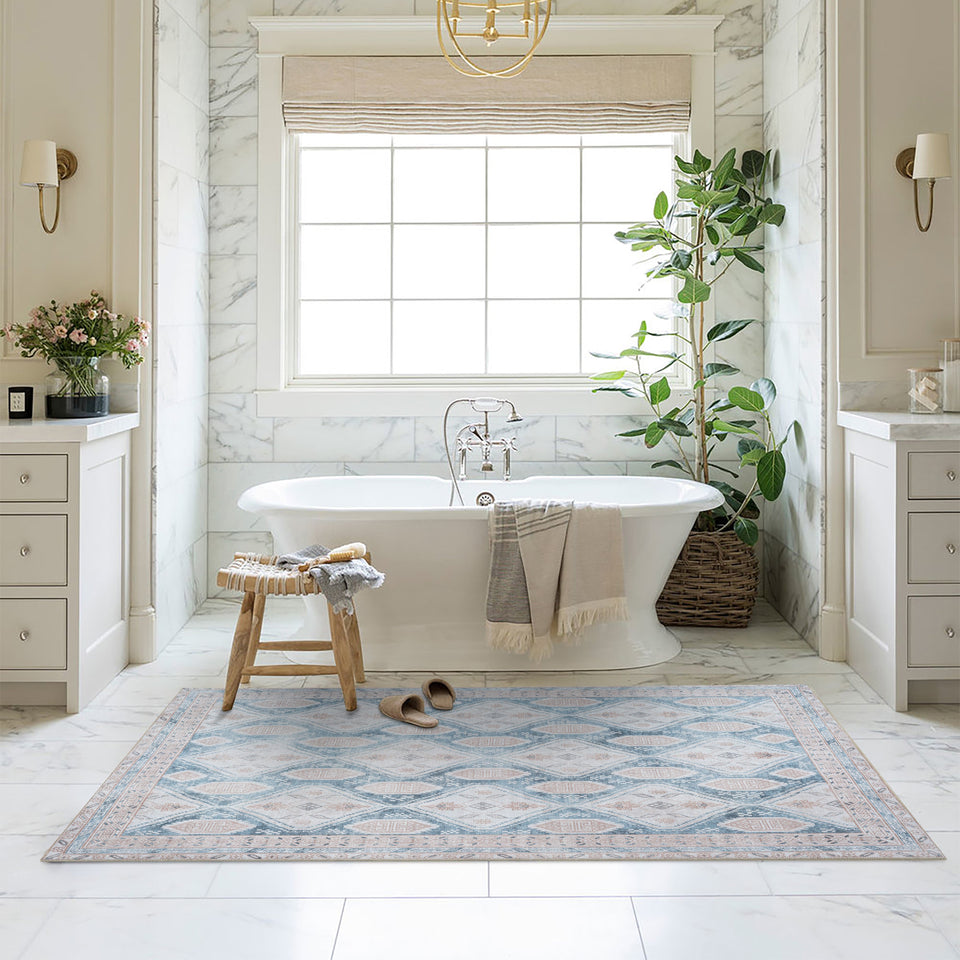 Samara Cream Blue Distressed Turkish Rug