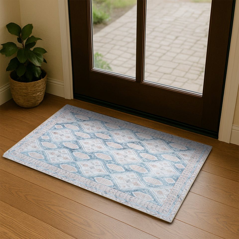 Samara Cream Blue Distressed Turkish Rug