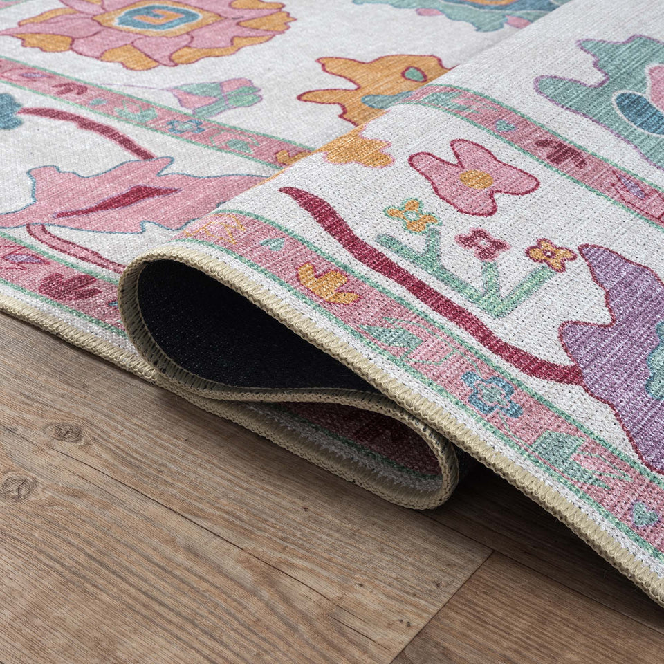 Florine Pastel Pink Orange Floral Oushak Rug