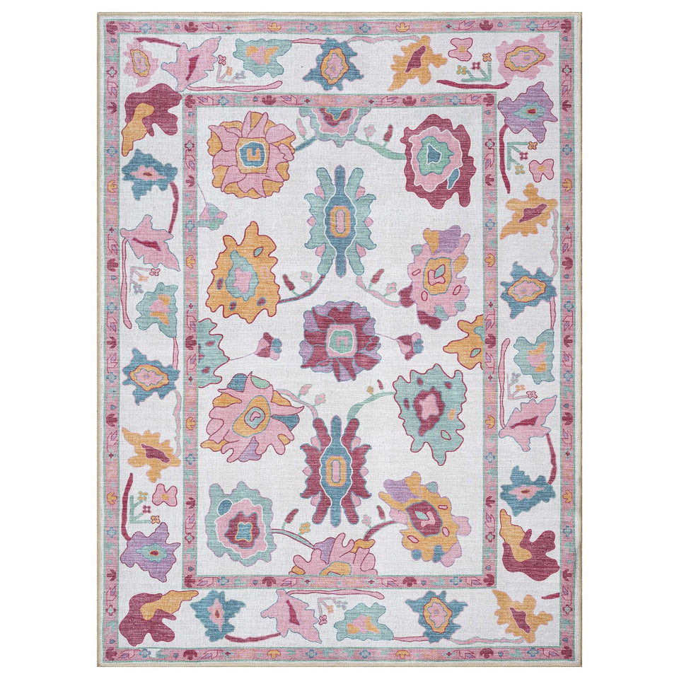 Florine Pastel Pink Orange Floral Oushak Rug