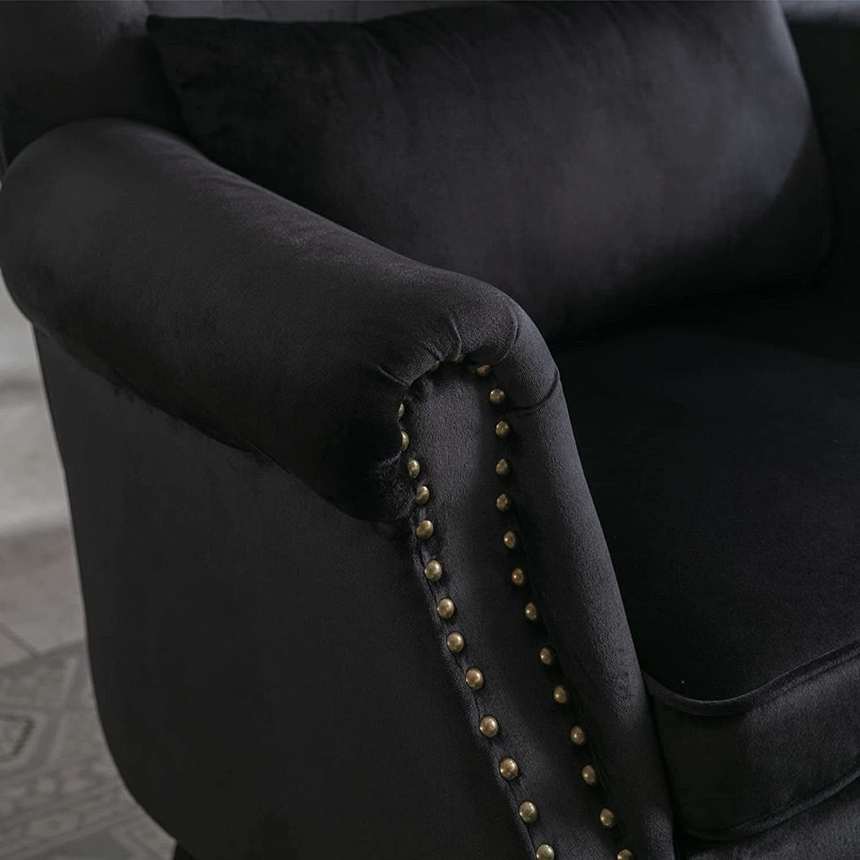 Elegant Black Velvet Wingback Chair With Ottoman Set