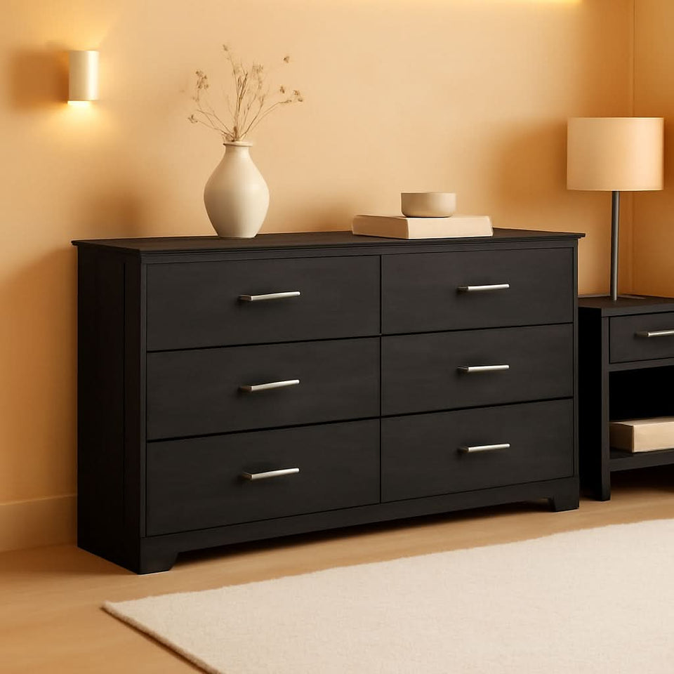 Six Drawer Dresser With Black Matte Engineered Wood