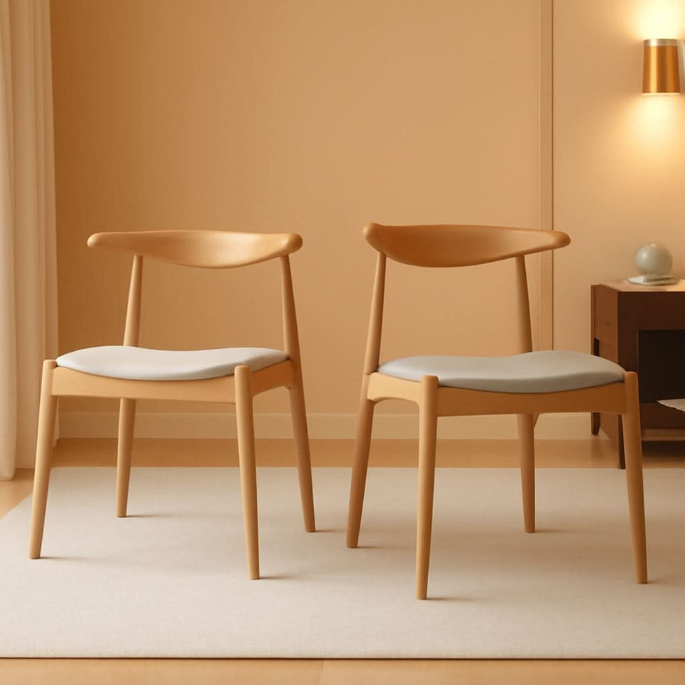 Beige Fabric Dining Chairs With Oak Finish 2 Pack Set