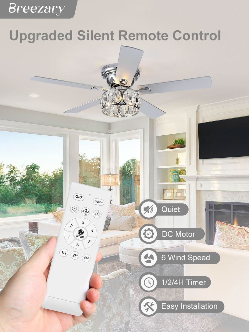 52 Inch Flush Mount Ceiling Fan With Remote LED Crystal Lighting