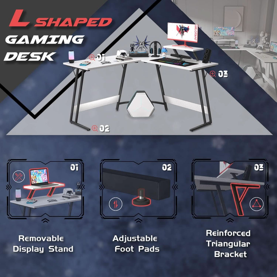 L Shaped Gaming Desk 51 Inch Monitor Riser Classical White