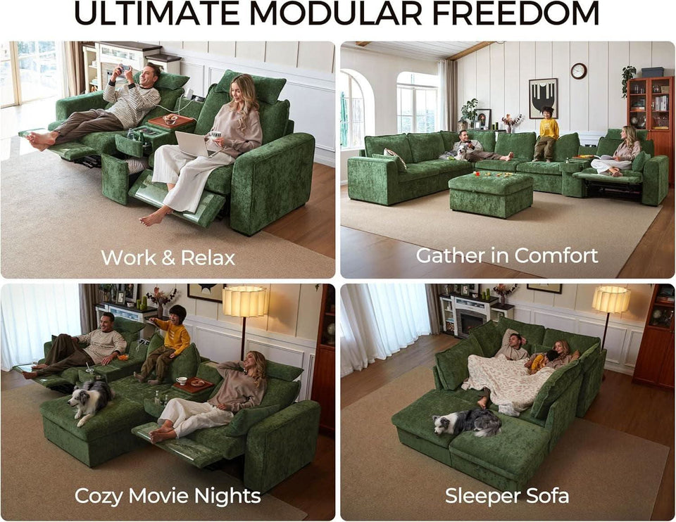 102.8 Inch White Power Recliner Sofa With Headrest And USB Charging Storage Ottoman