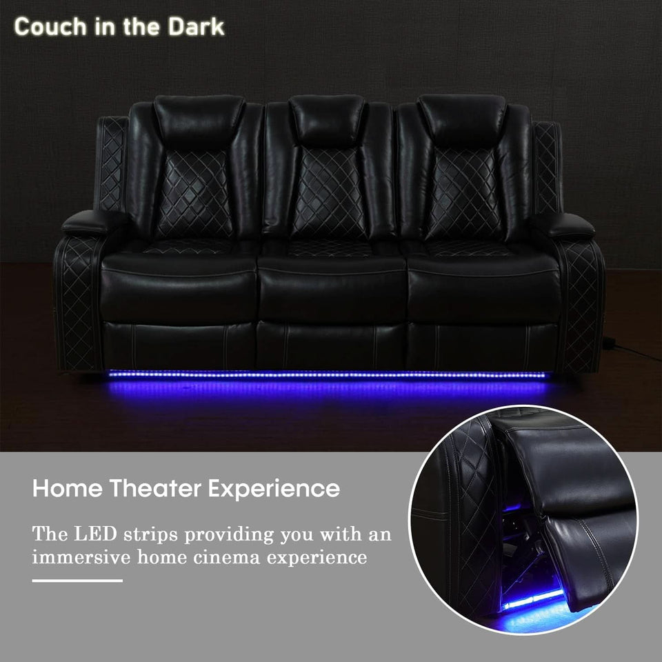 Black Leather Power Recliner Sofa Set With USB Ports