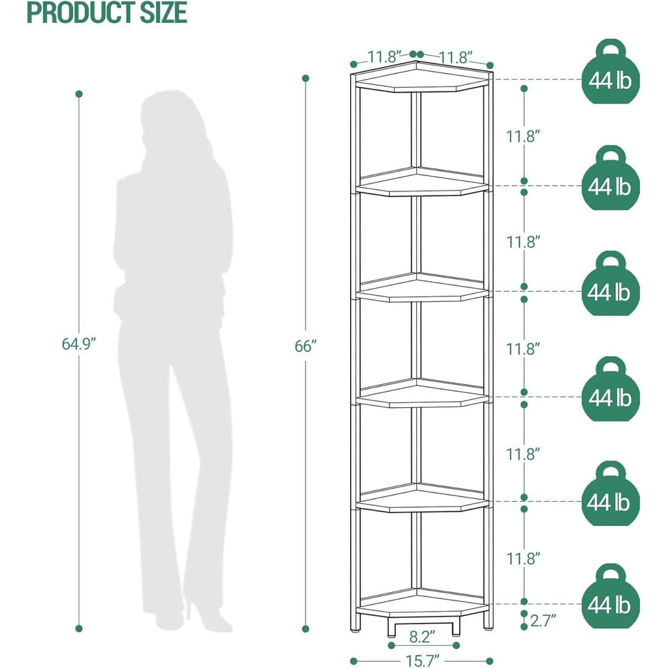 6-Tier Greige Corner Shelf Stand For Living Room And Office