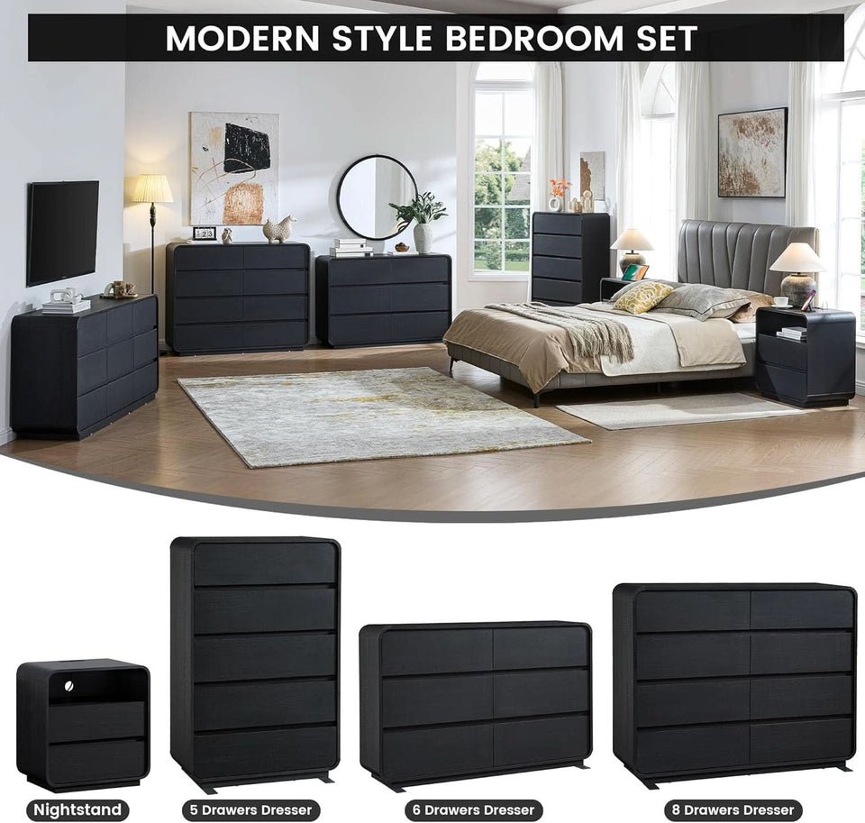 Black Hardwood Dresser With Curved Front Storage Panel