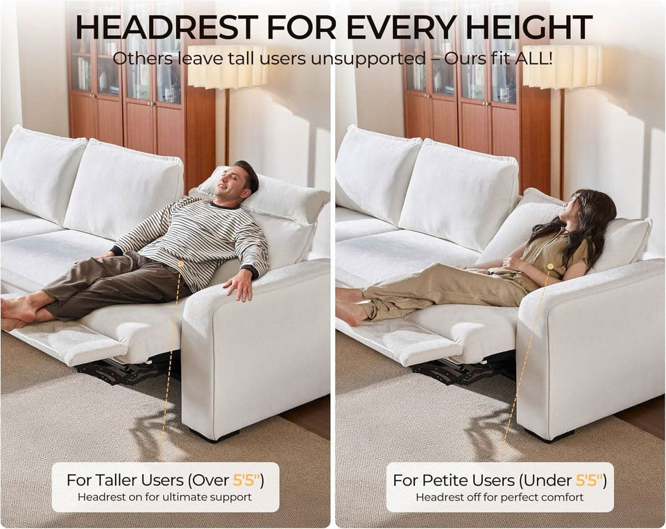 102.8 Inch White Chenille Power Recliner Sofa With Headrest Storage USB Table Wall Hugger