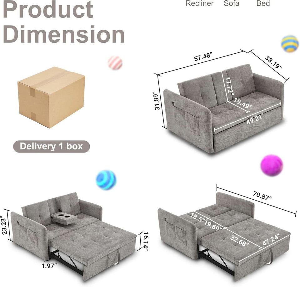 57 Inch Convertible Sofa Bed With USB Charging Ports Grey