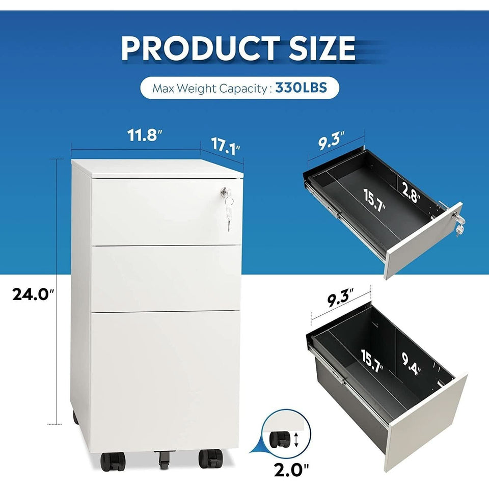 Slim White Mobile File Cabinet With Built In Lock Pedestal