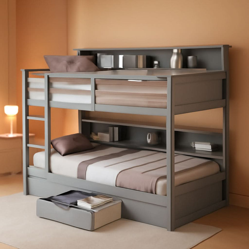 Twin Over Twin Bunk Bed Gray Storage Drawer And Shelves