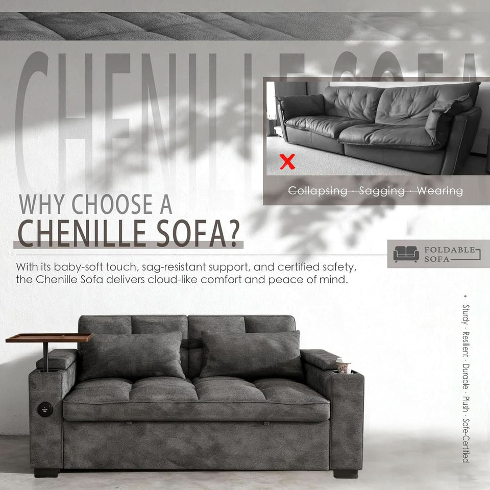 65Inch Grey Chenille Convertible Sleeper Sofa Table