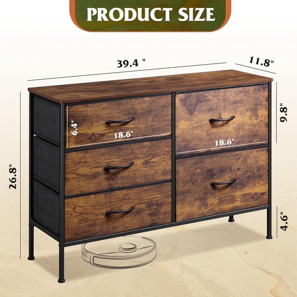 Rustic Brown Wood Grain 5 Drawer Dresser For Bedroom