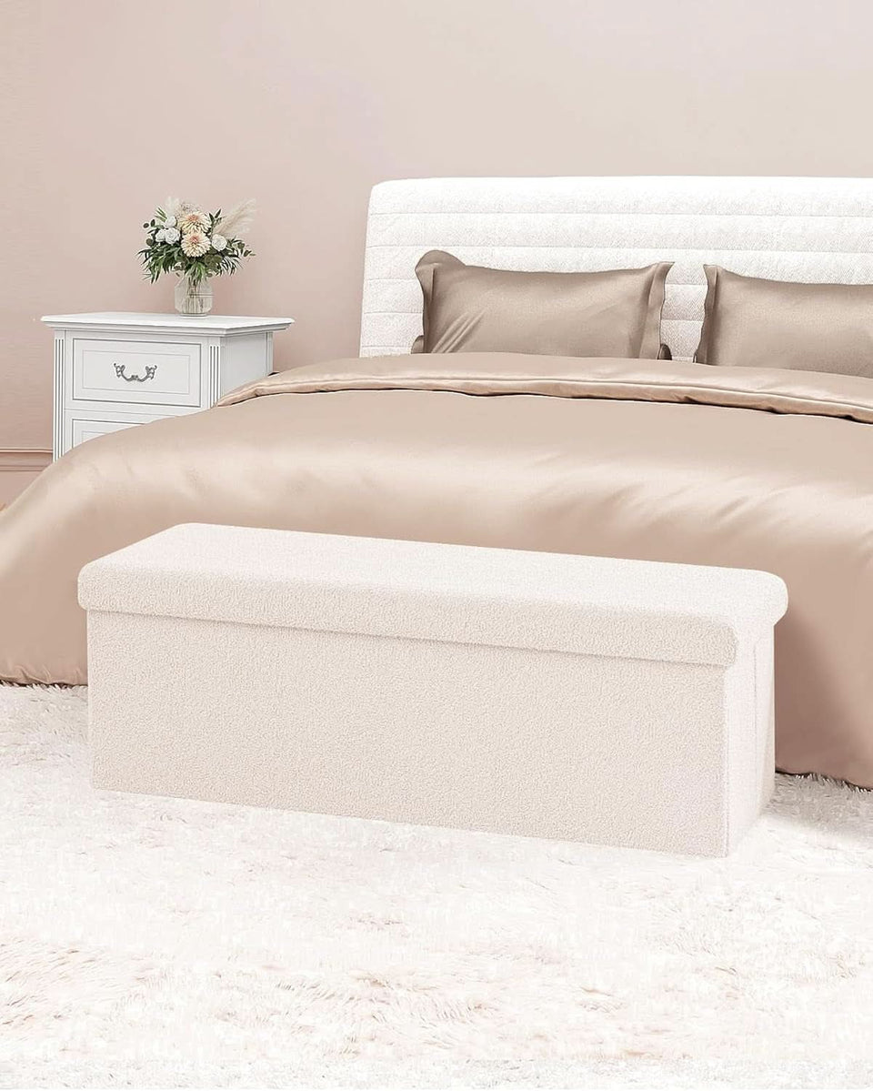 Cream White Faux Fur Storage Ottoman 43.3 Inch Dimensions