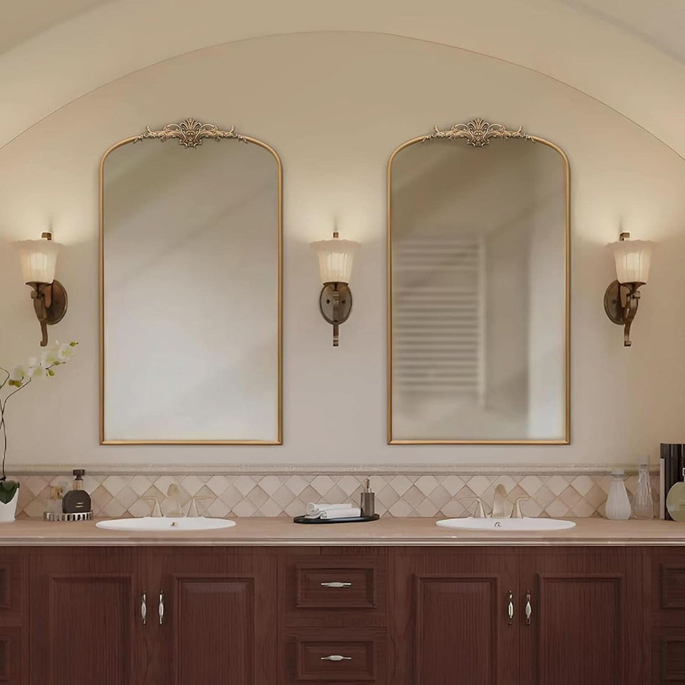 Arched Gold Baroque Mirror 42x24 Inch Wall Mounted