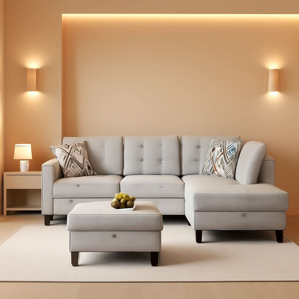 Grey White Flannel L Shaped Sectional Sofa With Ottoman