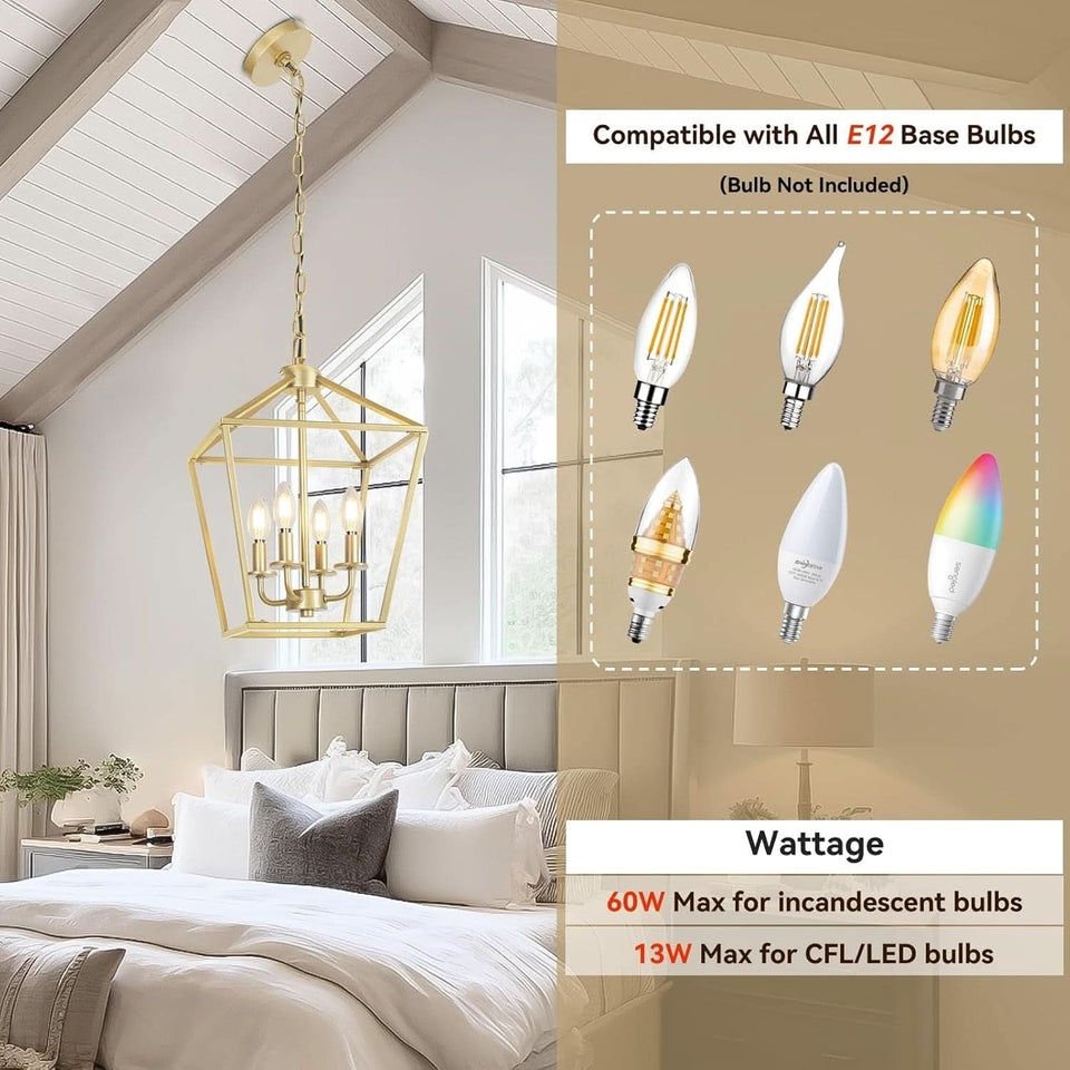 Industrial Gold Lantern Chandelier 4 Light Adjustable