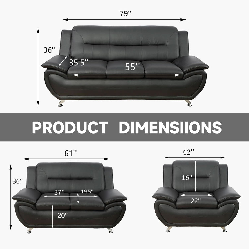 Faux Leather 3 Piece Modern Living Room Sofa Set Black