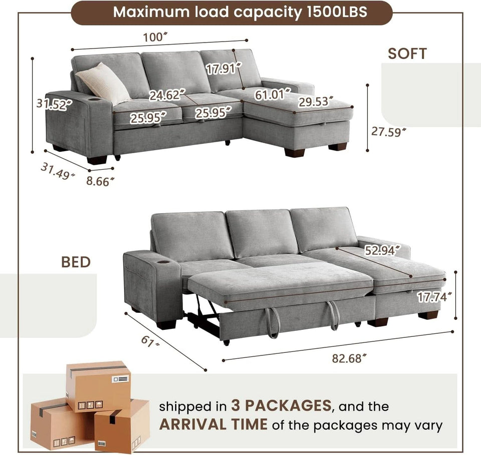 Gray 99In LShaped Memory Foam Cushion Sleeper Sofa Covers