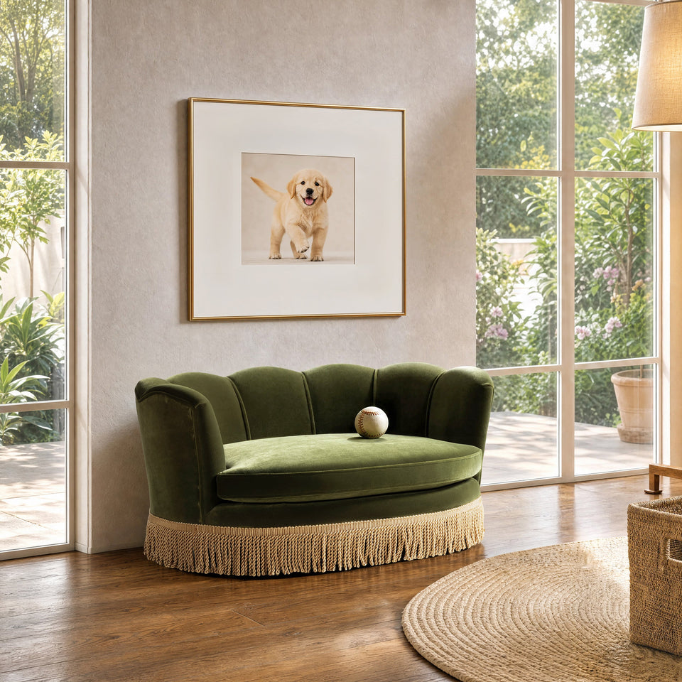 Clara 34.5" Scalloped Pet Sofa Bed with Velvet Upholstery - Olive
