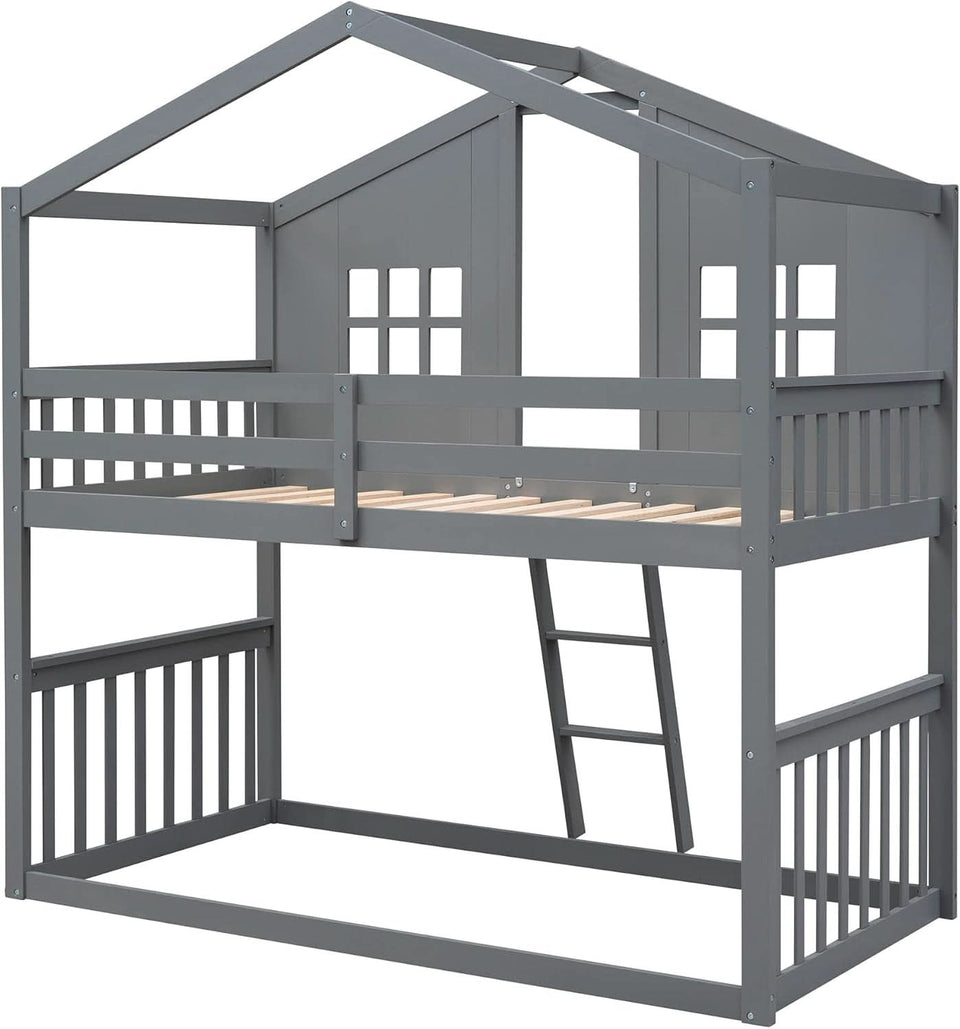 Gray Twin Over Twin House Bunk Bed With Roof For Kids