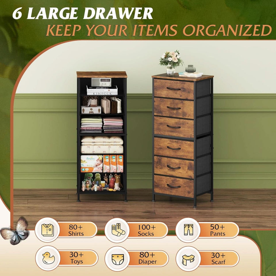 brown fabric dresser 5-Drawer Fabric Dresser with Charging Station, Open Shelves, Rustic Brown Wood Grain, Living Room Storage - Bed Bath & Beyond