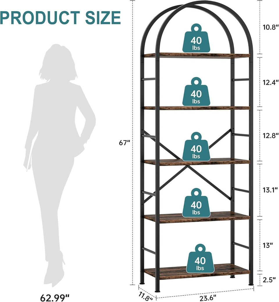Arched Five Tier Bookshelf Rustic Brown Storage Unit
