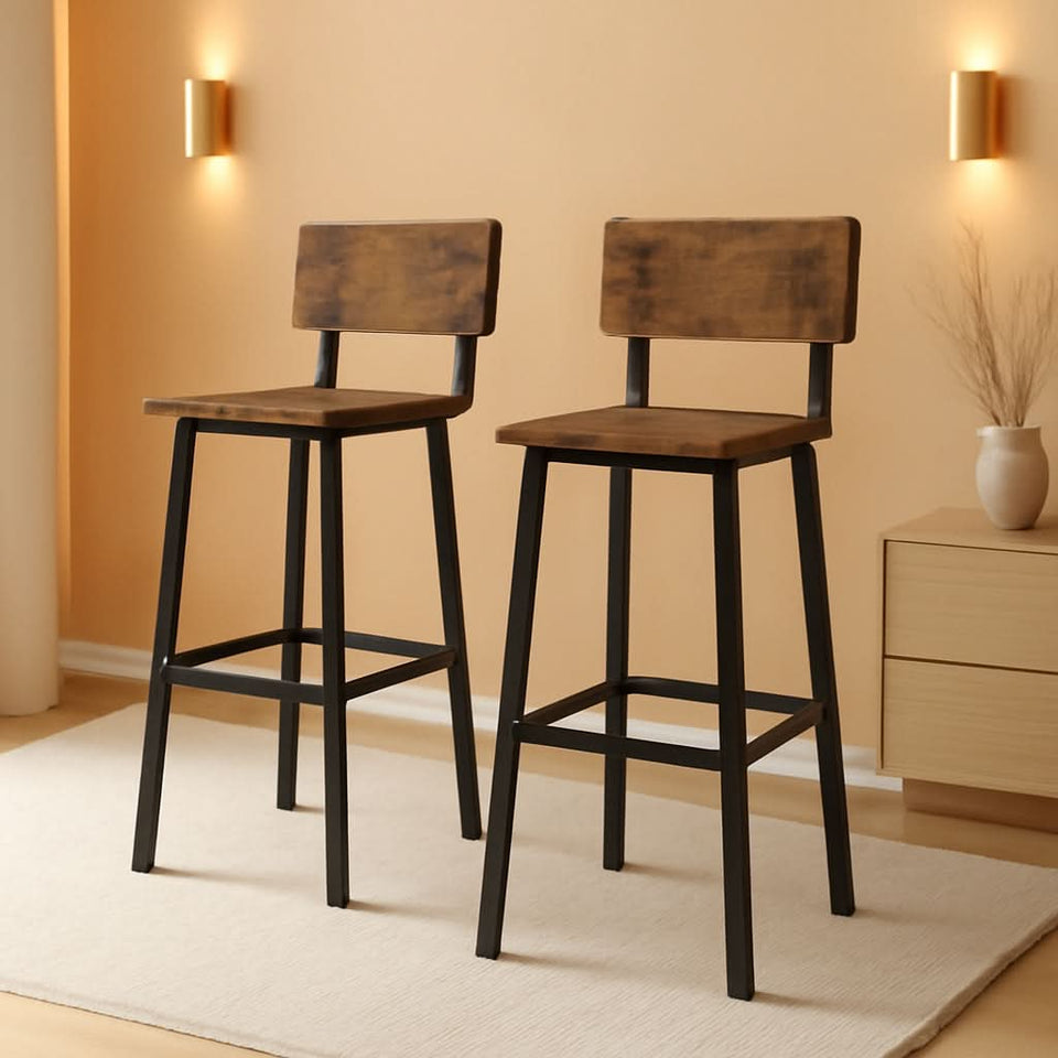 Tall Industrial Rustic Bar Stools Set Of 2 With Backrest