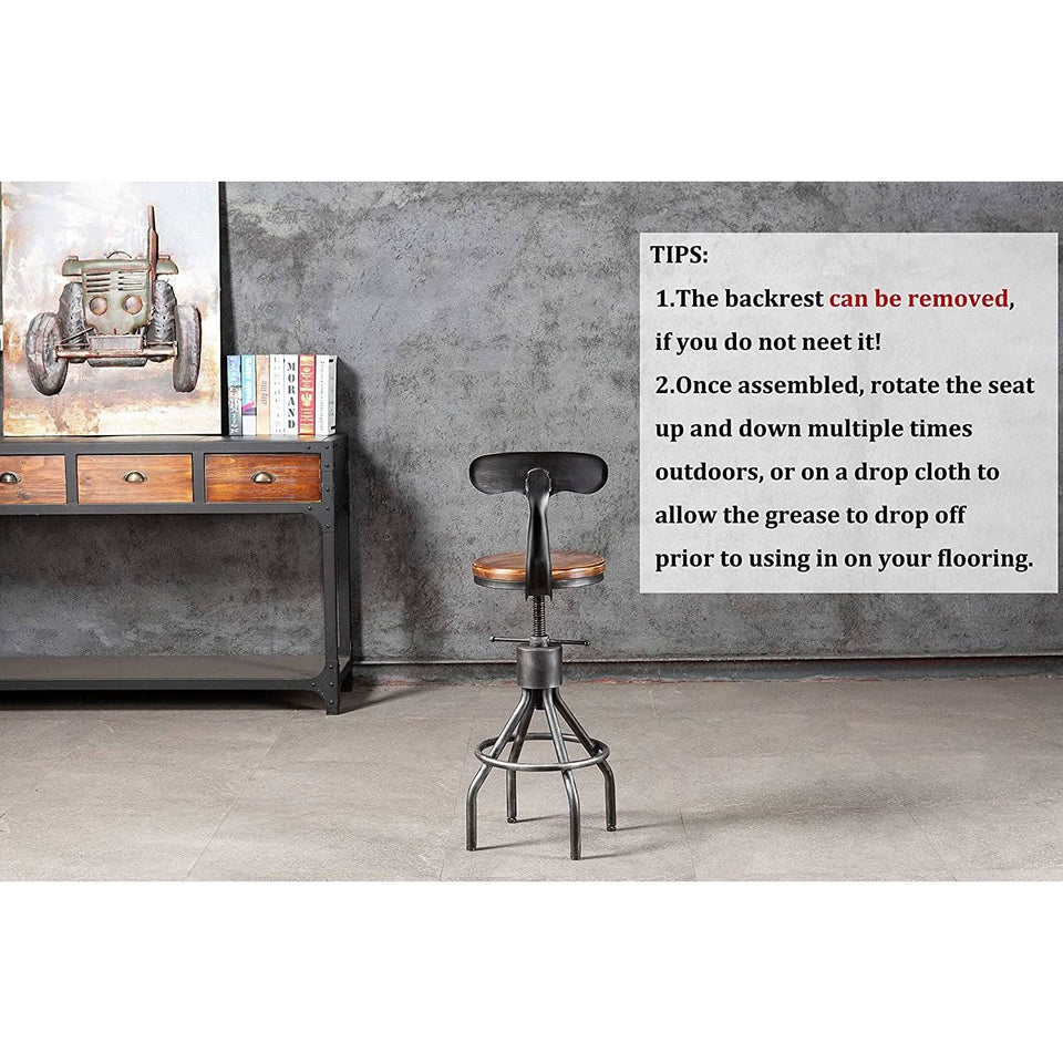 Adjustable Rustic Industrial Bar Stool Brown Seat Set of 2
