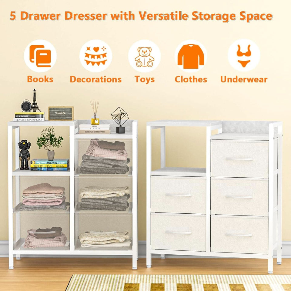 White 5 Drawer Dresser With Metal Frame Bedroom Storage