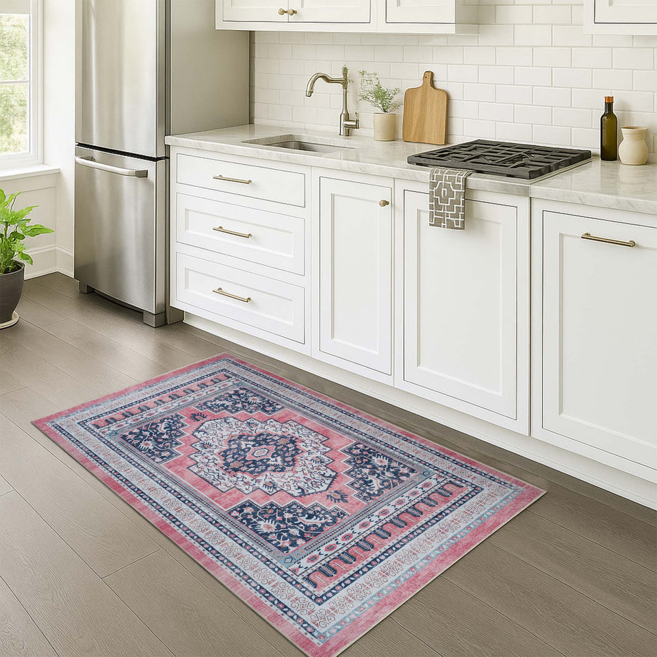 Paulina Pale Pink & Midnight Blue Persian Vintage Rug