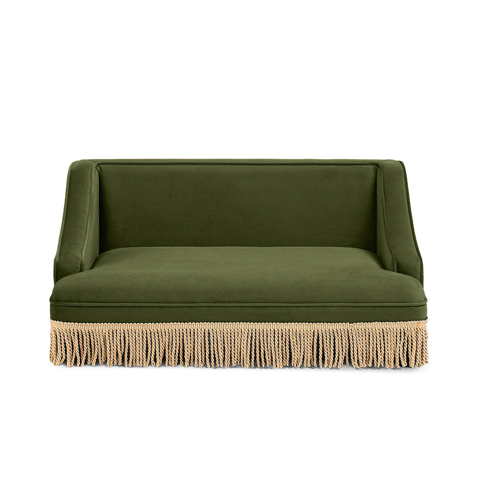 Olive Green Velvet Princess Pet Bed Sofa with Fringe Skirt - Medium