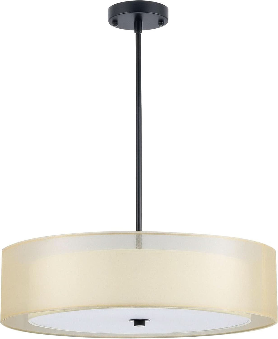 20 Inch Black Drum Pendant Light With Fabric Shade Three Light Matte Finish For Living Room