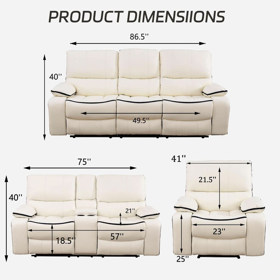 Creamy White Leather Recliner Sofa Set With Storage Console
