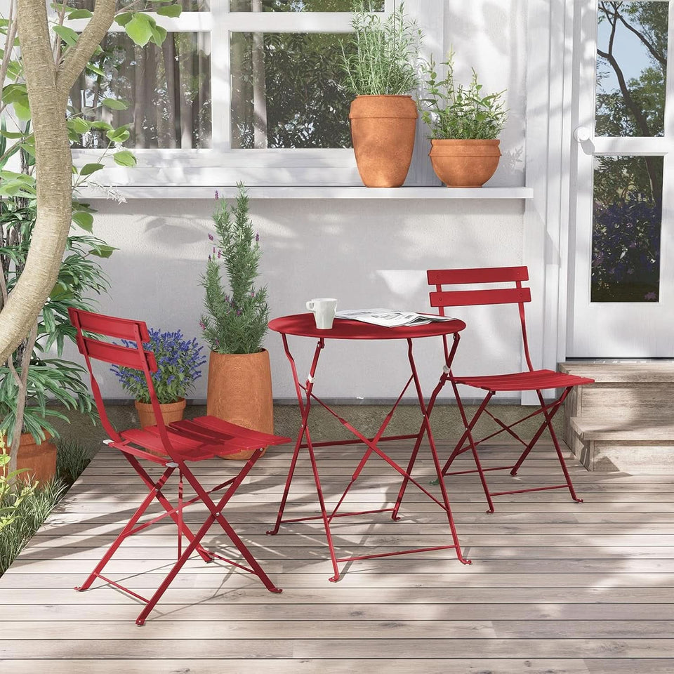 3-Piece Folding Outdoor Bistro Set Red Cushioned Seats