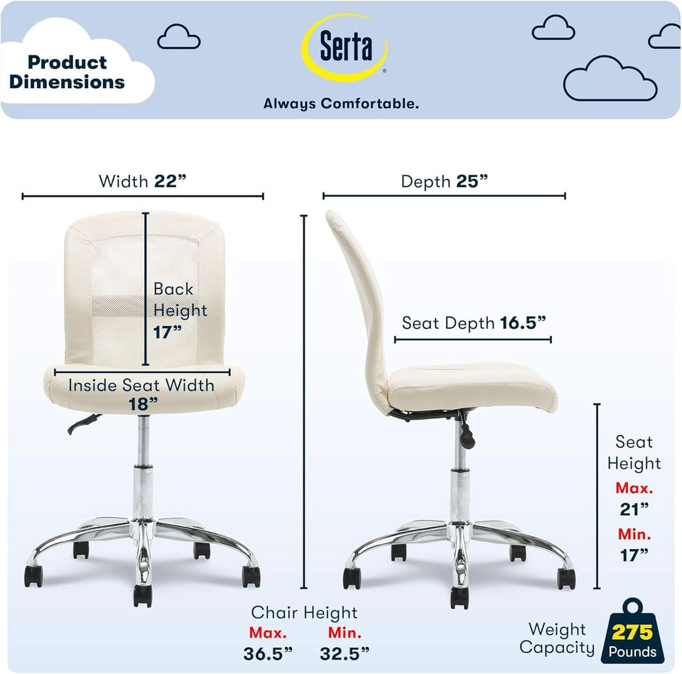 Armless Desk Chair With Mesh Back And Wheels Cream White