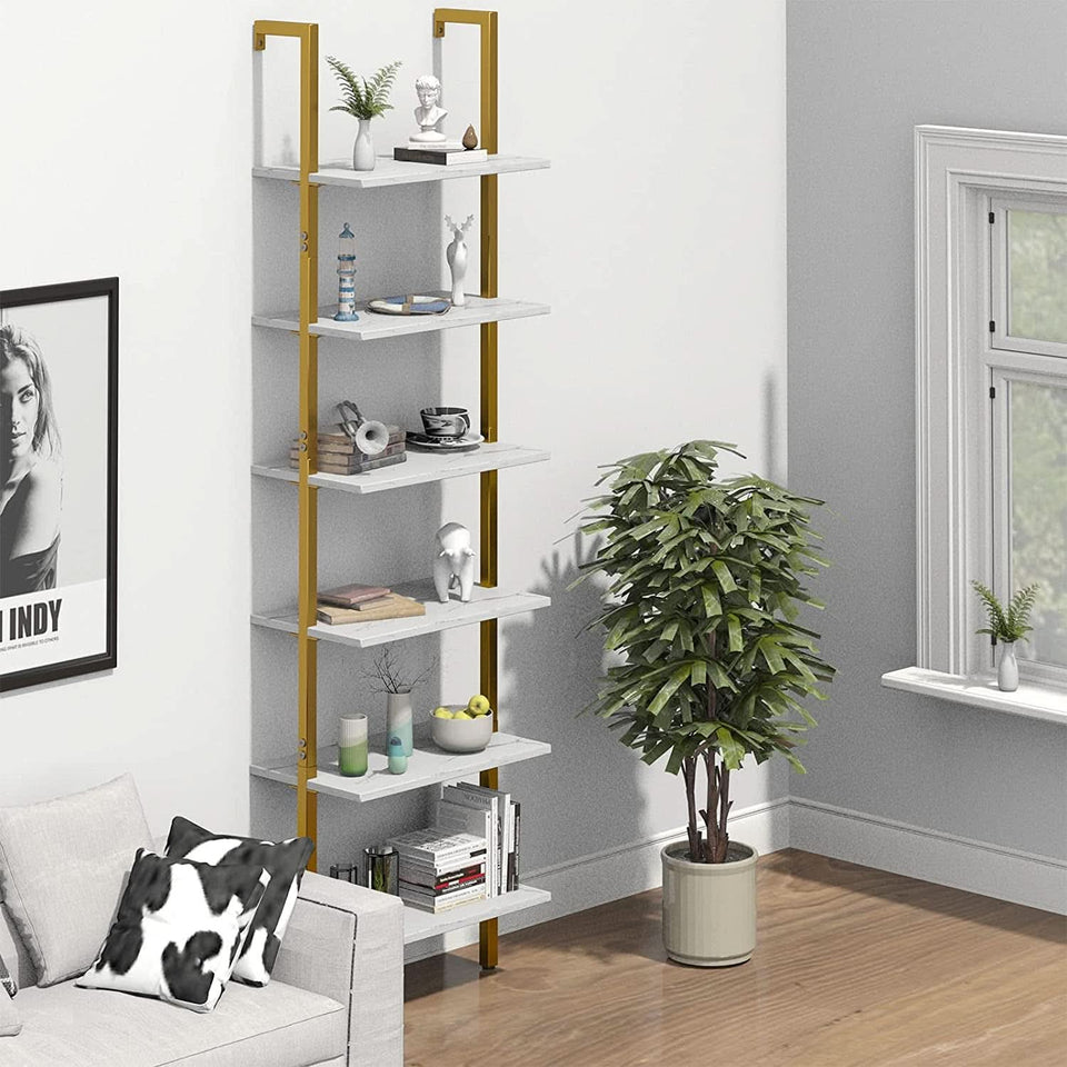 Marble White 6 Tier Ladder Shelf Bookcase Wall Mounted