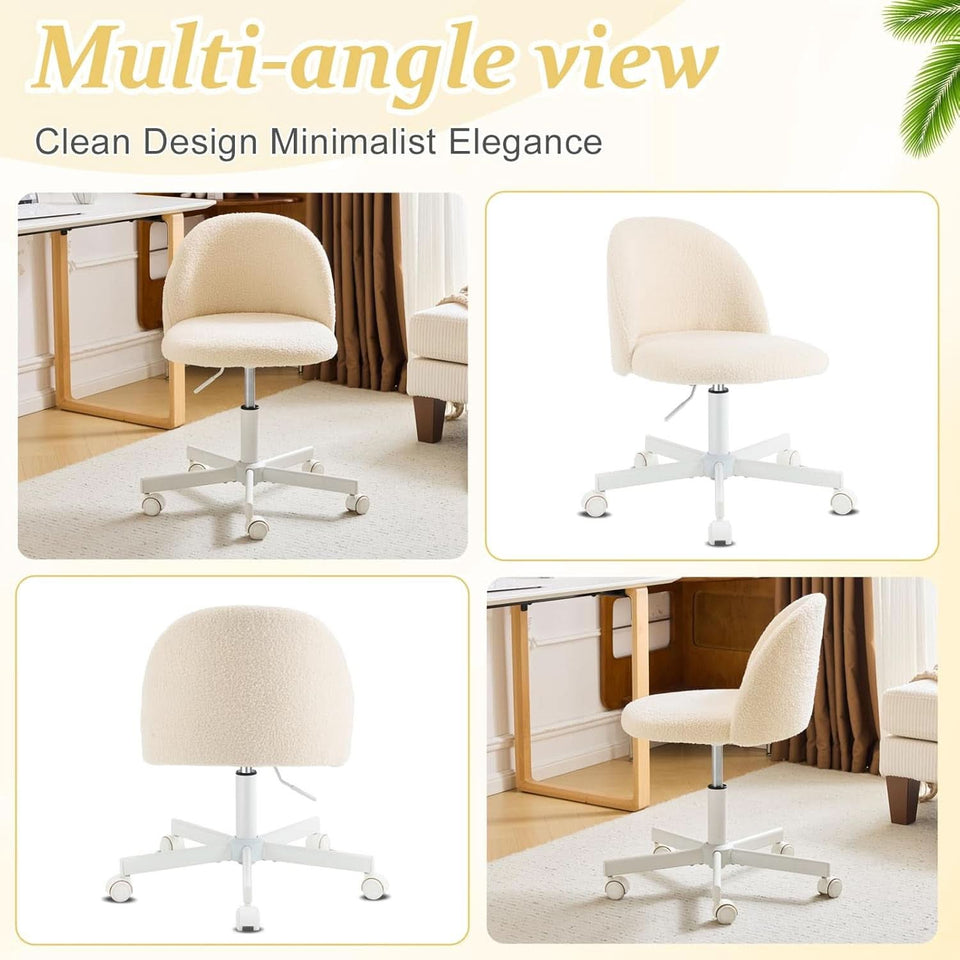 Armless Creamy Beige Teddy Fleece Office Desk Chair With Wheels