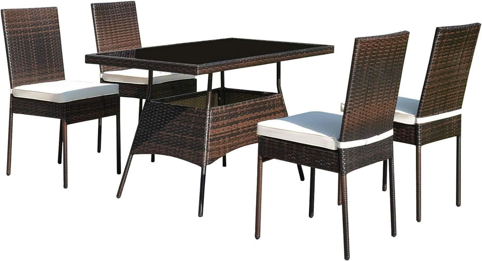 5 Piece Outdoor Patio Wicker Dining Set With Tempered Glass Table