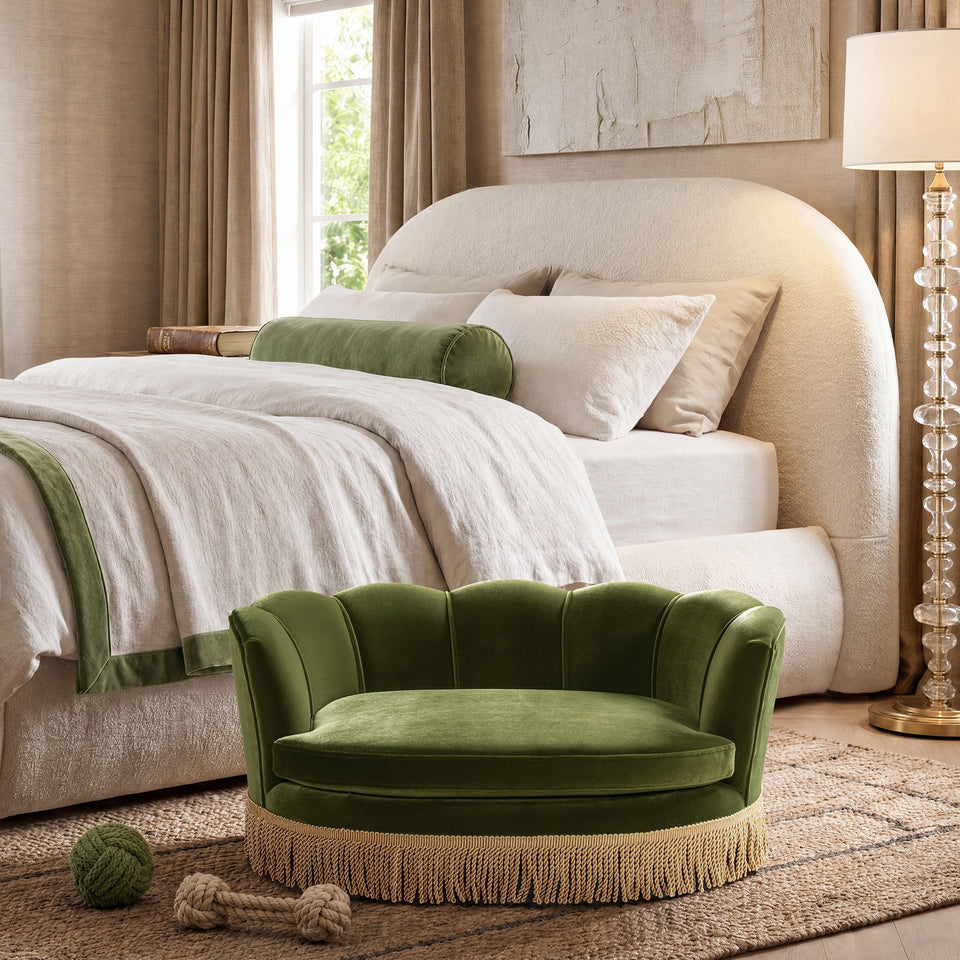 Clara 34.5" Scalloped Pet Sofa Bed with Velvet Upholstery - Olive