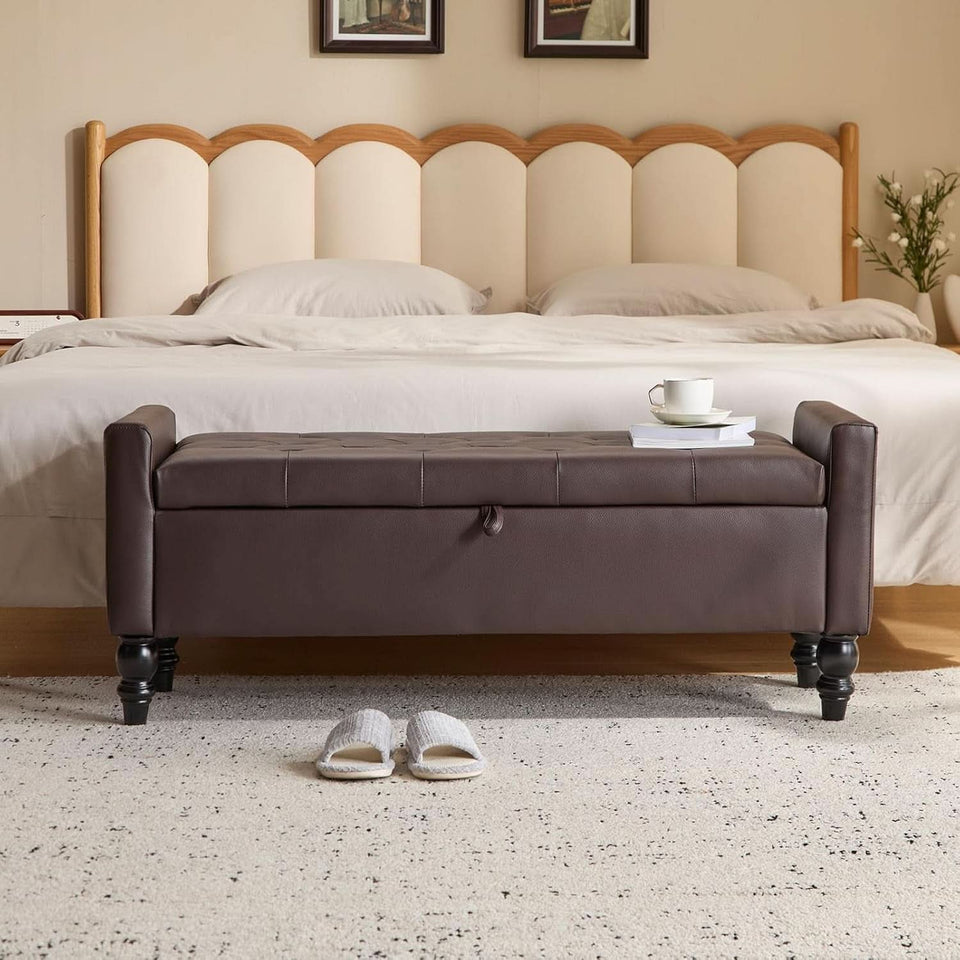 Brown Genuine Leather Storage Ottoman Bench Bedside