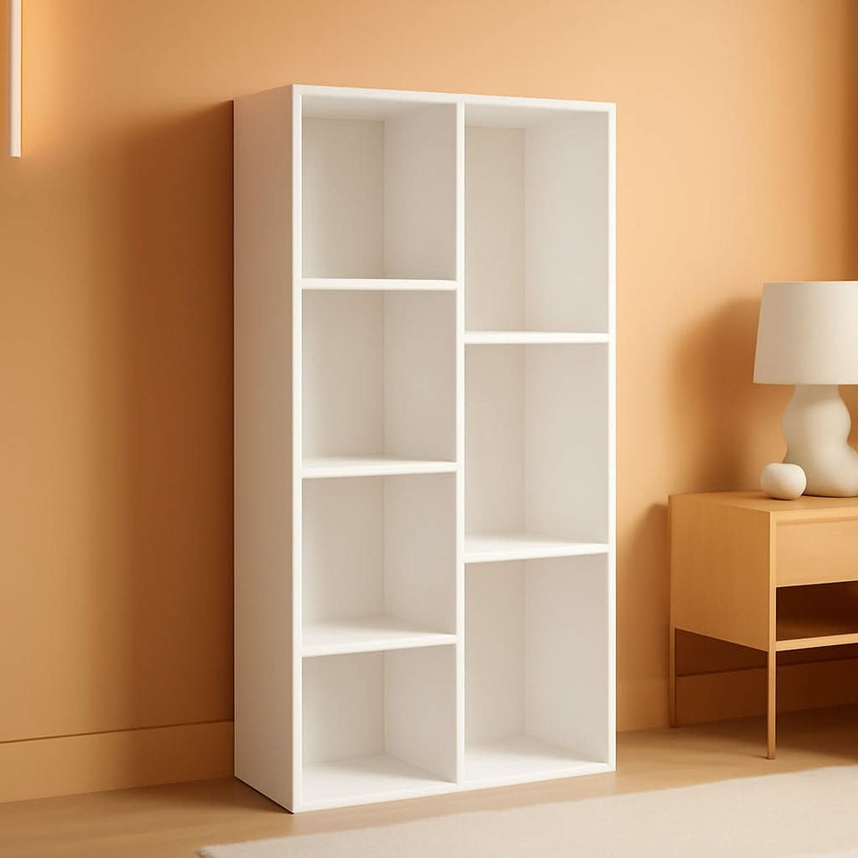 White 7 Compartment Bookcase Shelving Unit For Living Room And Home Office