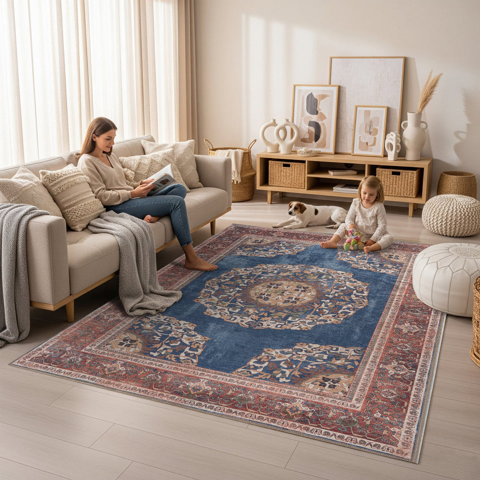 Navy Blue Brick Oushak Area Washable Rug