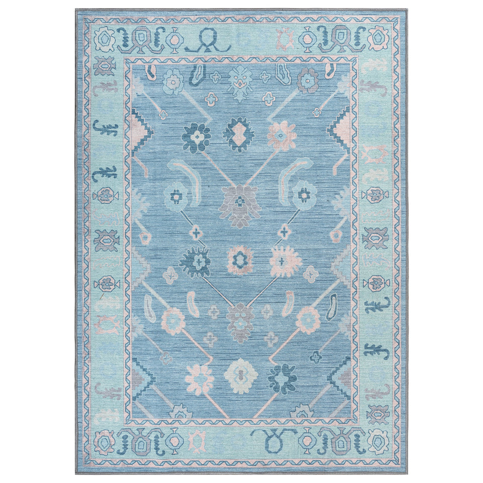 Teal Blue Oushak Area Washable Rug