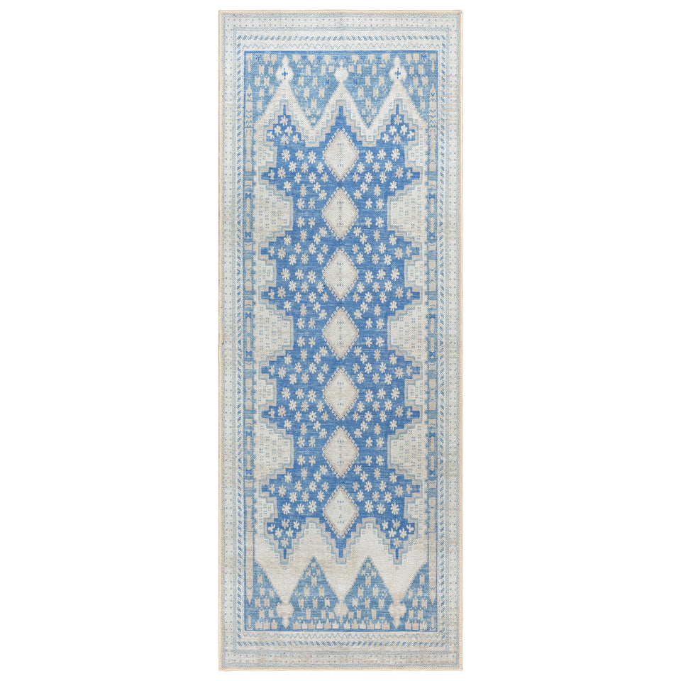Beige Blue Boho Oushak Washable Rug