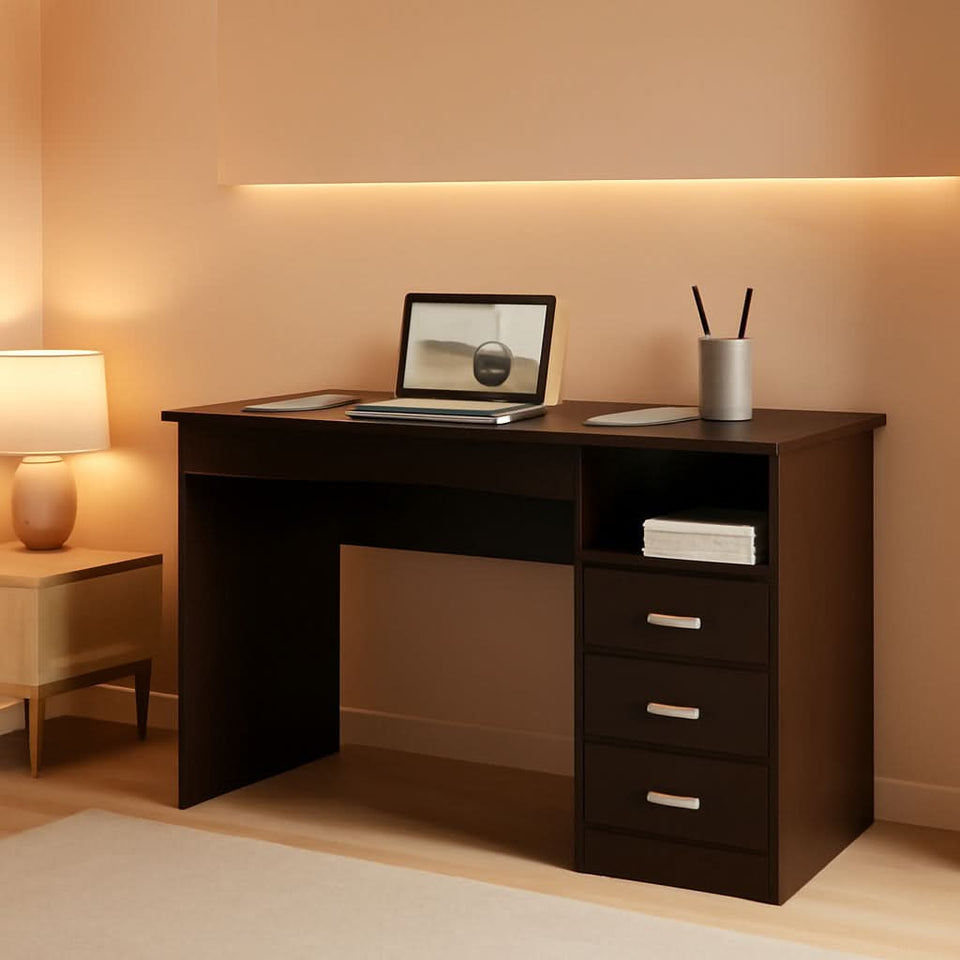 Wenge Computer Desk With 3 Drawers And Side Storage Shelf