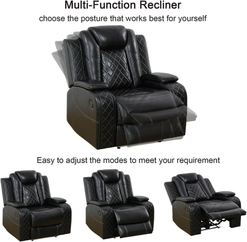 Power Recliner Sofa With LED Lights Black Leather 2 Piece