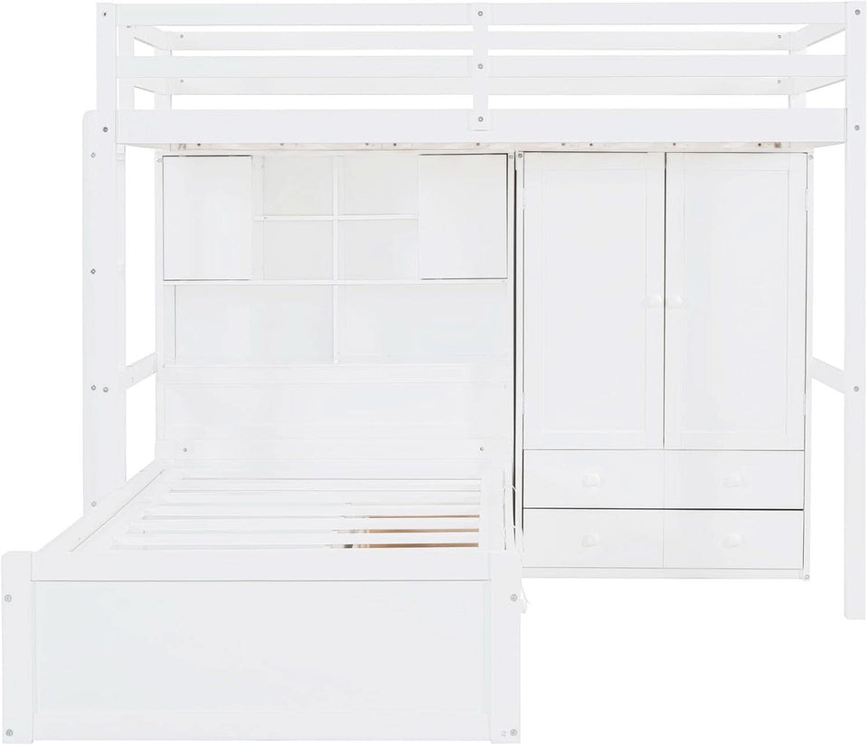 White Twin Over Twin Bunk Bed With Drawers And Wardrobe